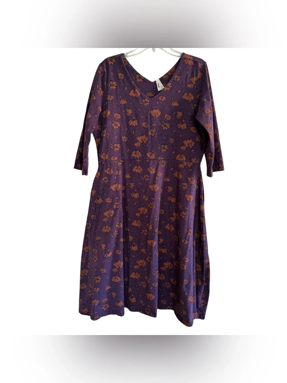 Pact Purple Tan Midi Dress Floral Earthy Organic Cotton V-neck 3/4 Sleeve XXL